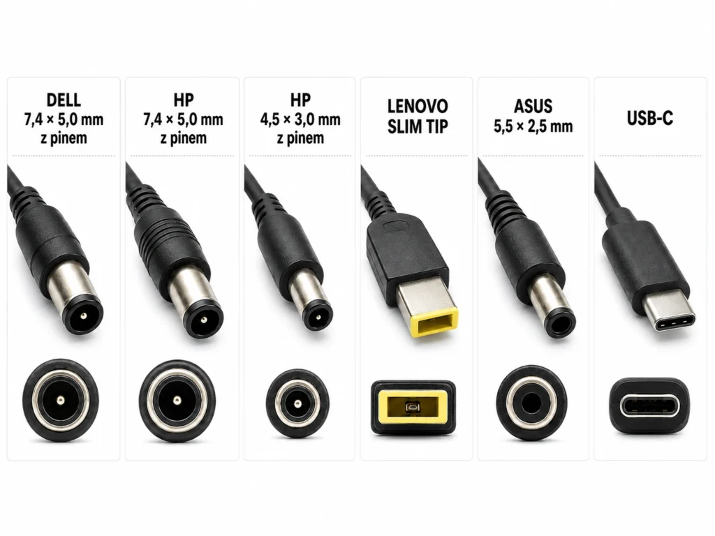 najpopularniejsze wtyki zasilaczy samochodowych do laptopów Dell Lenovo HP Asus